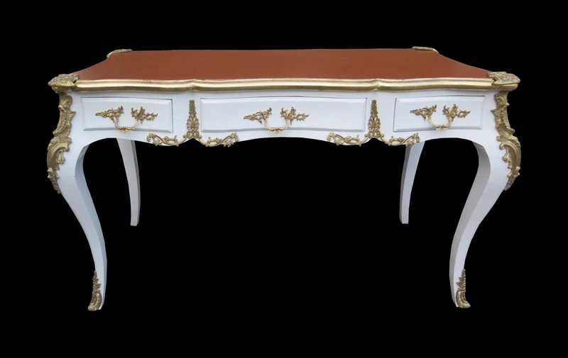 Casa Padrino Luxus Barock Schreibtisch Sekretär in Weiss Gold und Apricot mit 3 Schubladen - 141 x 65 x 80 cm