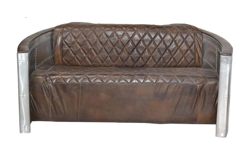 Casa Padrino Luxus Aluminium 3-Sitz Sofa Dunkelbraun - Art Deco Vintage Flieger Möbel