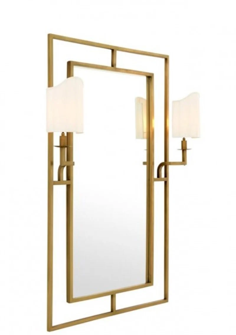 Casa Padrino Luxus Designer Wandspiegel Messing mit zwei Lampenhaltern, 113 x H 140 cm