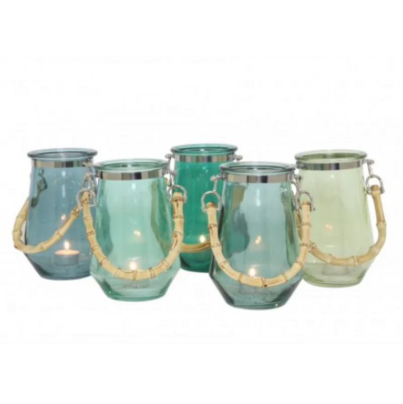 Casa Padrino Deko Windlicht mit Bambusgriff, Luxus Glas Windlicht in Dunkelgrün, Durchmesser 14 cm, Höhe 20 cm