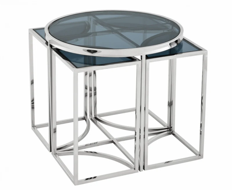 Casa Padrino Luxus Art Deco Designer Beistelltisch 5er Set aus rostfreiem Stahl und Rauchglas 60 x H. 55 cm