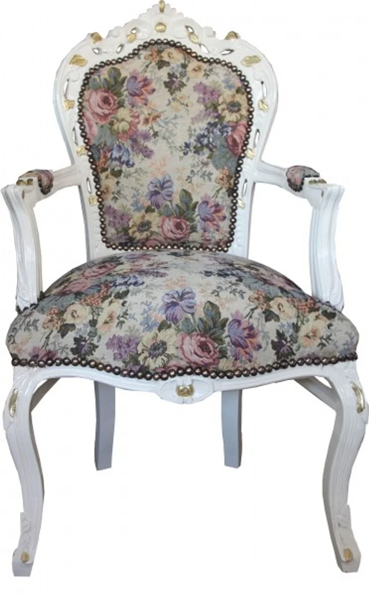 Casa Padrino Barock Esszimmer Stuhl mit Armlehnen Blumen Muster / Creme / Gold - Limited Edition