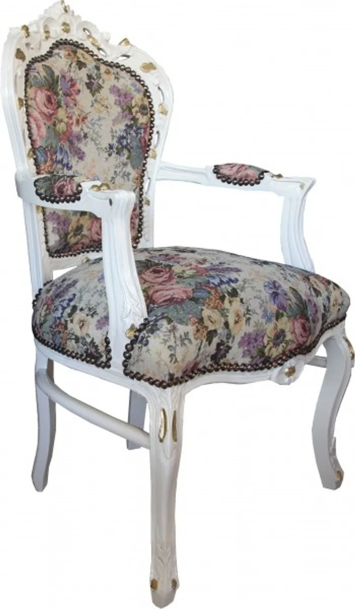 Casa Padrino Barock Esszimmer Stuhl mit Armlehnen Blumen Muster / Creme / Gold - Limited Edition