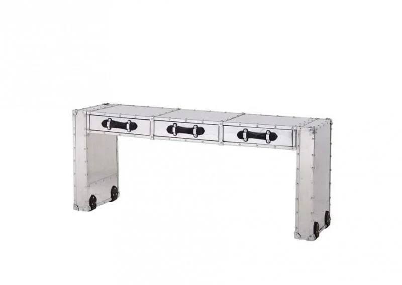 Casa Padrino Luxus Art Deco Konsole 160 x 43 x H. 68 cm aus poliertem Aluminium und schwarzem Leder