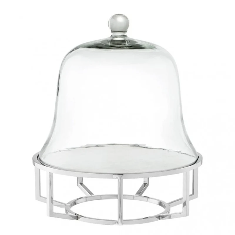 Casa Padrino Luxus Art Deco Kuchenglocke Edelstahl vernickelt mit weißem Marmor und Glasdeckel, 35 x H. 42 cm