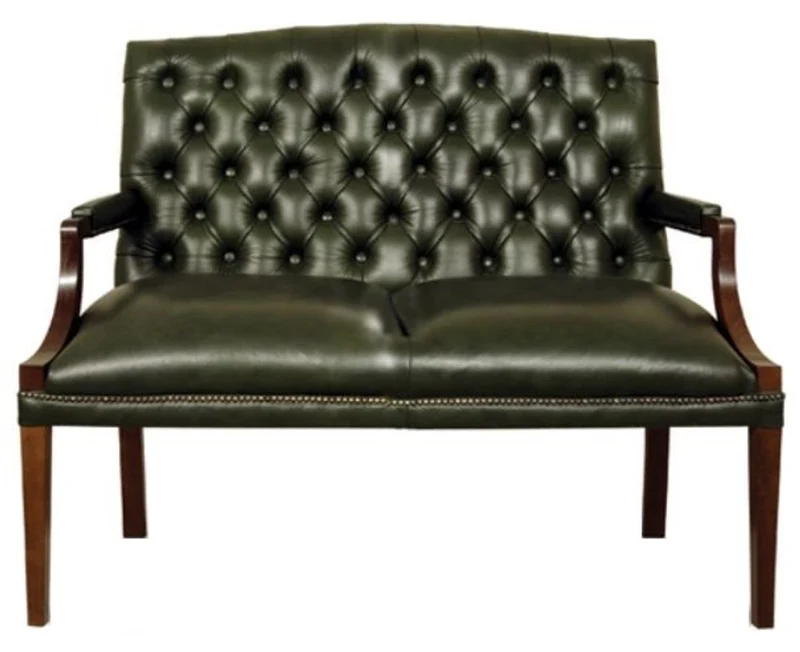 Casa Padrino Chesterfield 2er Sitzbank mit Armlehnen Dunkelgrün / Dunkelbraun 120 x 60 x H. 100 cm - Echtleder Möbel