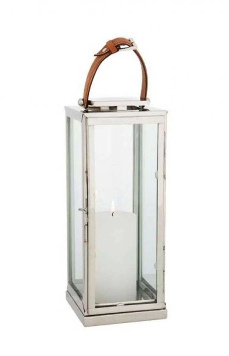 Casa Padrino Designer Deko Laterne aus Edelstahl in Nickel Finish, braunem Leder und Glas, 20 x 20 x H. 41 cm