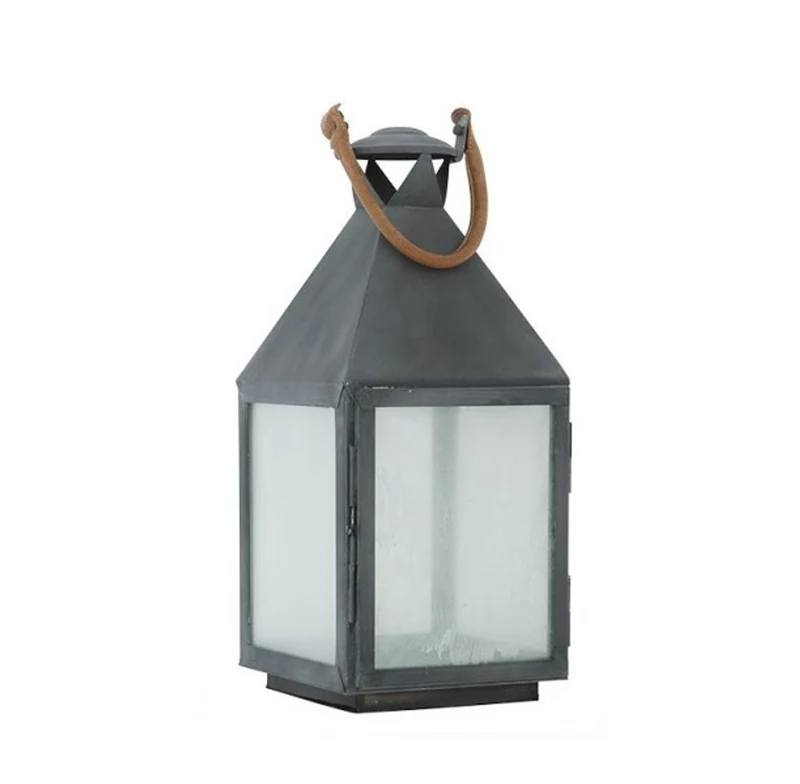 Casa Padrino Designer Deko Laterne Zink Finish mit braunem Leder, 24 x 24 x H. 67 cm