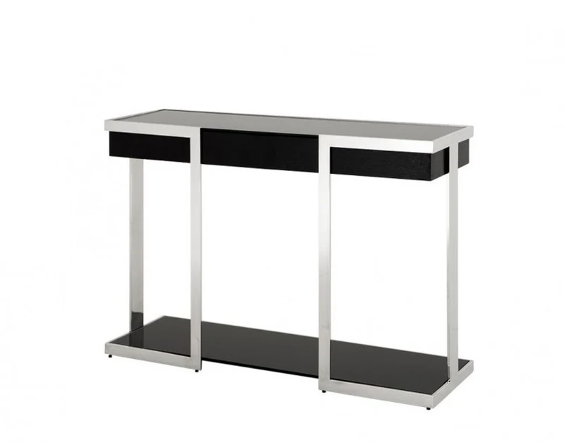 Casa Padrino Luxus Konsole mit Schublade - Polierter Stahl, Eichenfurnier und schwarzes Glas - 122 x 40 x H. 87 cm