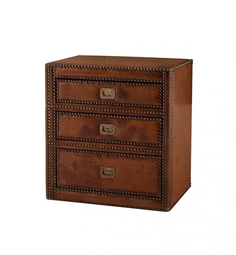 Casa Padrino Luxus Art Deco Designer Beistelltisch aus Lindenholz mit braunem Leder und 3 Schubladen - 64 x 46 x H. 69 cm