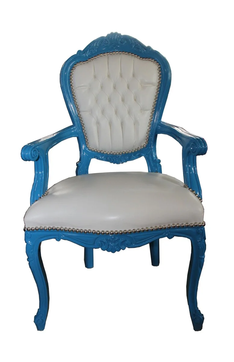 Barock Esszimmerstuhl Blau / Weiß Lederoptik mit Armlehnen