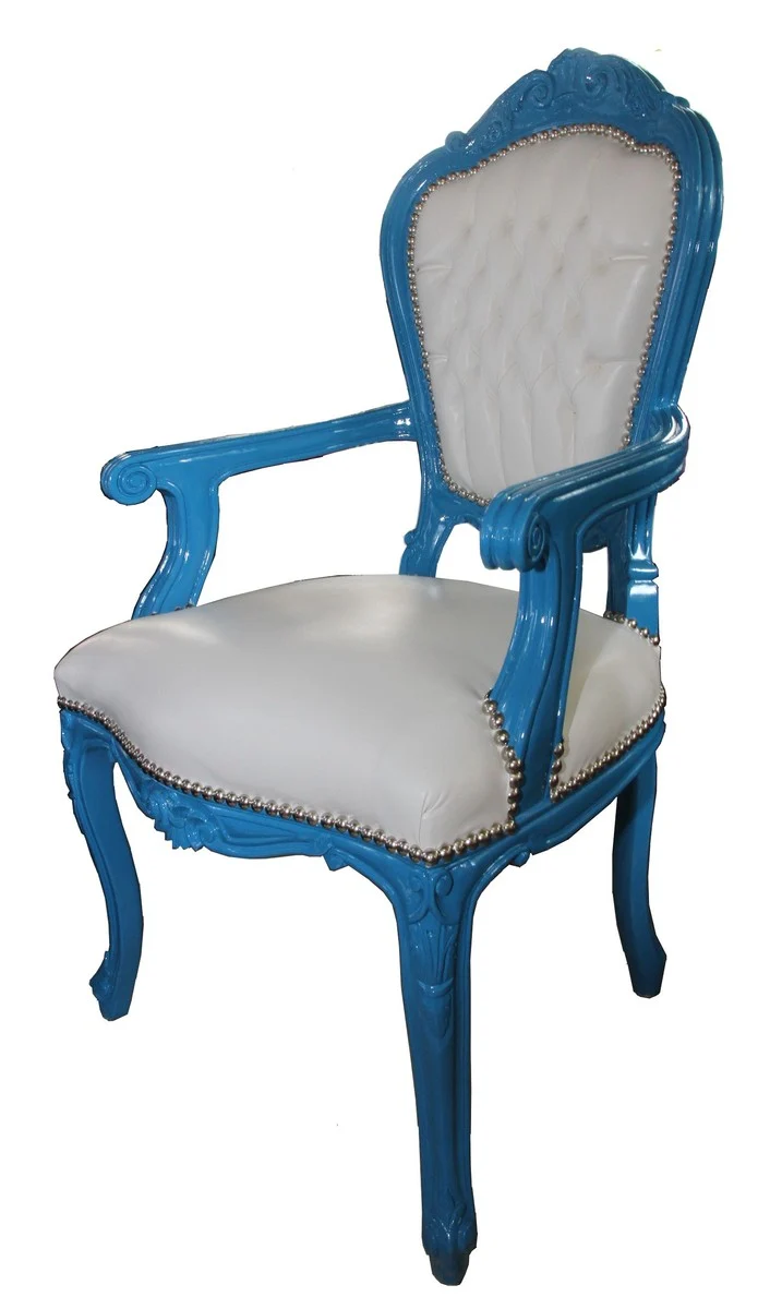 Barock Esszimmerstuhl Blau / Weiß Lederoptik mit Armlehnen