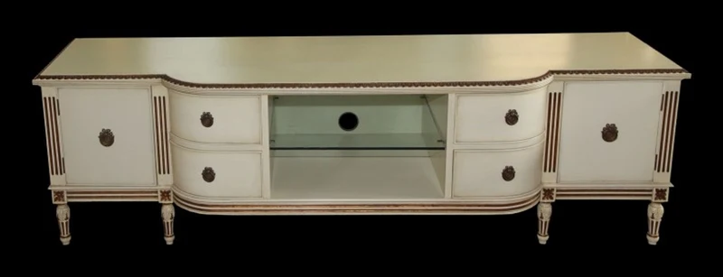 Casa Padrino Barock Fernsehkommode mit 4 Schubladen und 2 Türen Antik Creme/Gold 190 cm - Fernsehschrank - Sideboard - Massivholz