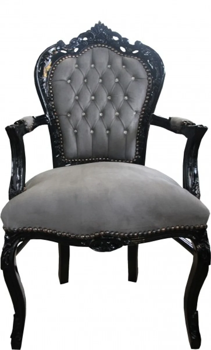 Casa Padrino Barock Esszimmer Stuhl Grau / Schwarz mit Armlehnen und Bling Bling Glitzersteinen - Limited Edition