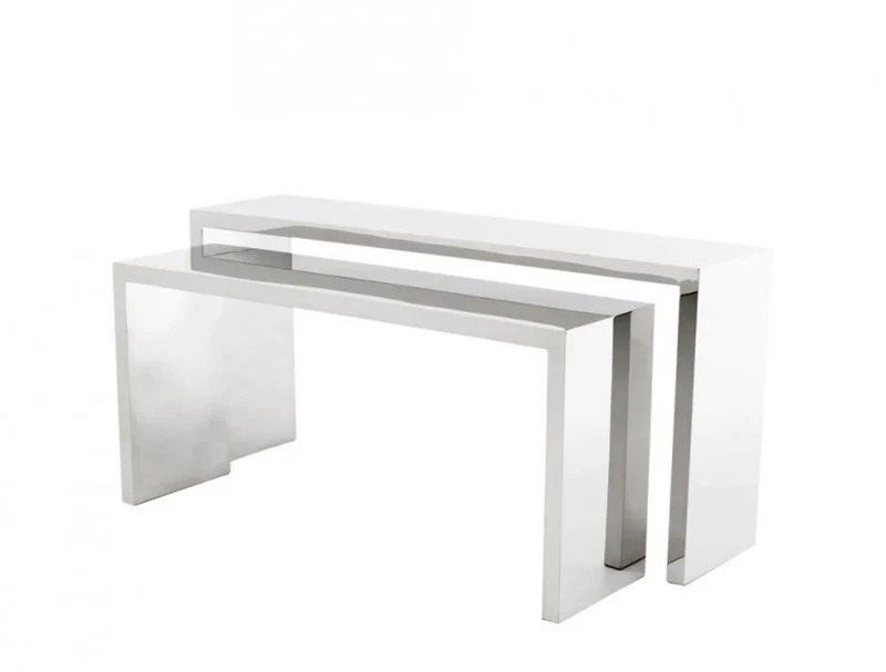 Casa Padrino Luxus Konsolen 2er Set - Konsolentische aus poliertem Edelstahl - 170x40xH.80 cm / 150x40xH.70 cm