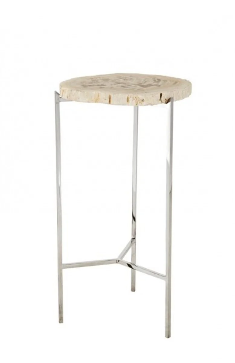 Casa Padrino Luxus Art Deco Designer Beistelltisch 3er Set - Nickel / versteinertes Holz - 30 x H. 60 cm / 27,5 x H. 54,5 cm / 25 x H. 49 cm