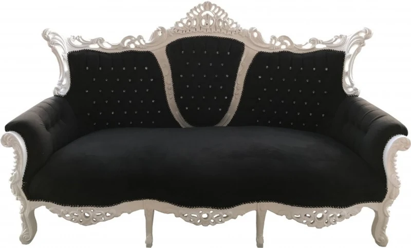 Casa Padrino Barock 3-er Sofa Master Schwarz / Weiß mit Bling Bling Glitzersteinen - Breite 210 cm
