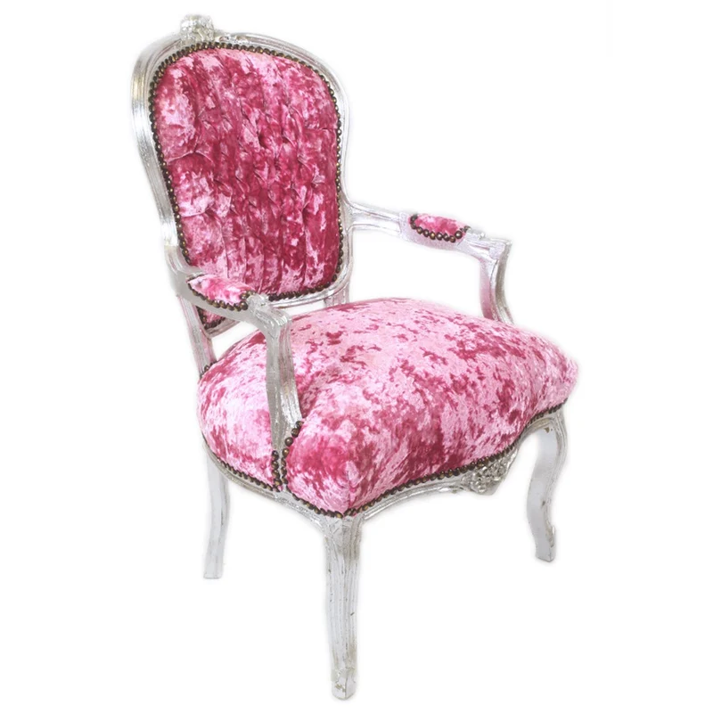 Casa Padrino Barock Salon Stuhl Pink Velour Stoff / Silber - Antik Design Möbel