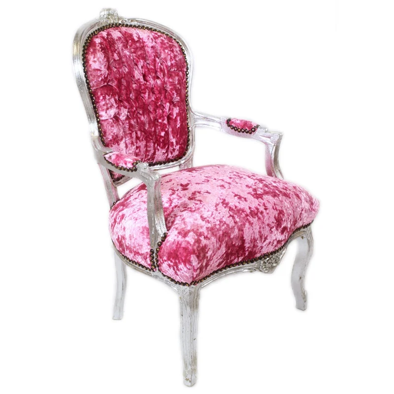 Casa Padrino Barock Salon Stuhl Pink Velour Stoff / Silber - Antik Design Möbel