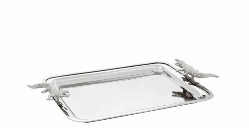 Casa Padrino Luxus Designer Krokodil Tablett Silber 51 x 38 x H. 6 cm
