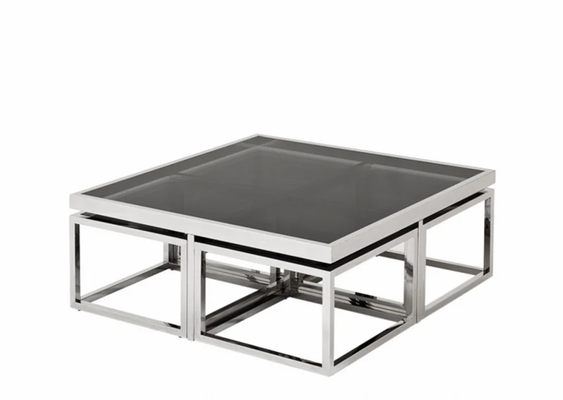 Casa Padrino Luxus Art Deco Designer Couchtisch 5er Set - Rauchglas - Polierter rostfreier Stahl - 100 x 100 x H. 40 cm / 48 x 48 x H. 33 cm