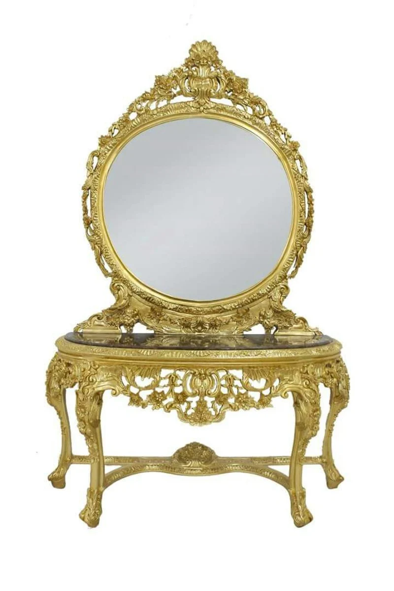 Casa Padrino Luxus Barock Spiegelkonsole mit Marmorplatte, Gold / Schwarz, 120 x 220 cm