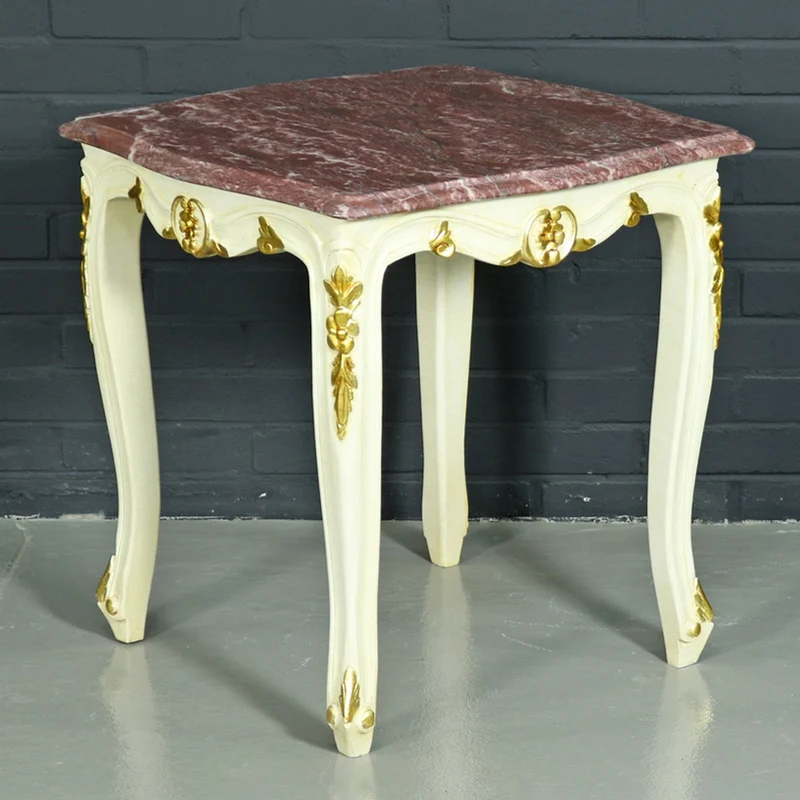 Casa Padrino Barock Beistelltisch Weiß / Gold mit Marmorplatte 55 x 55 cm x H 55 cm