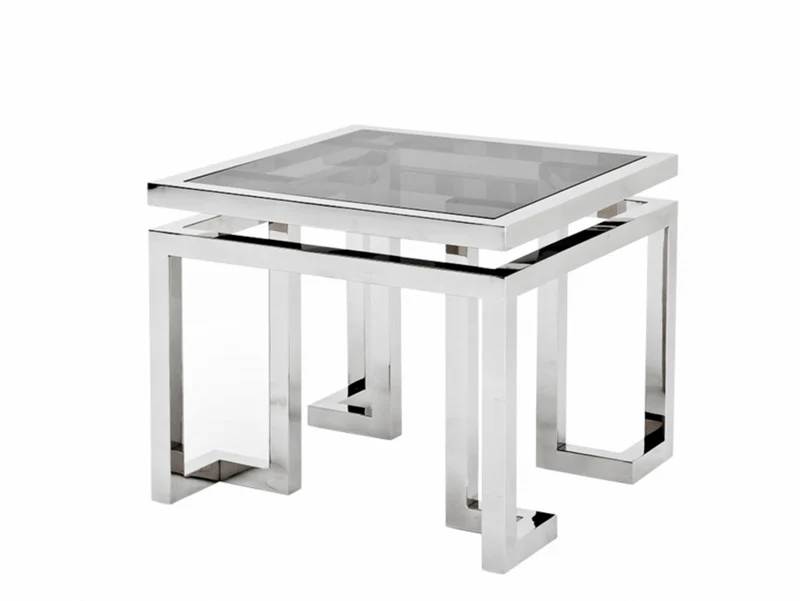 Casa Padrino Luxus Art Deco Designer Beistelltisch, polierter Edelstahl und Rauchglas, 65 x 65 x H. 55 cm