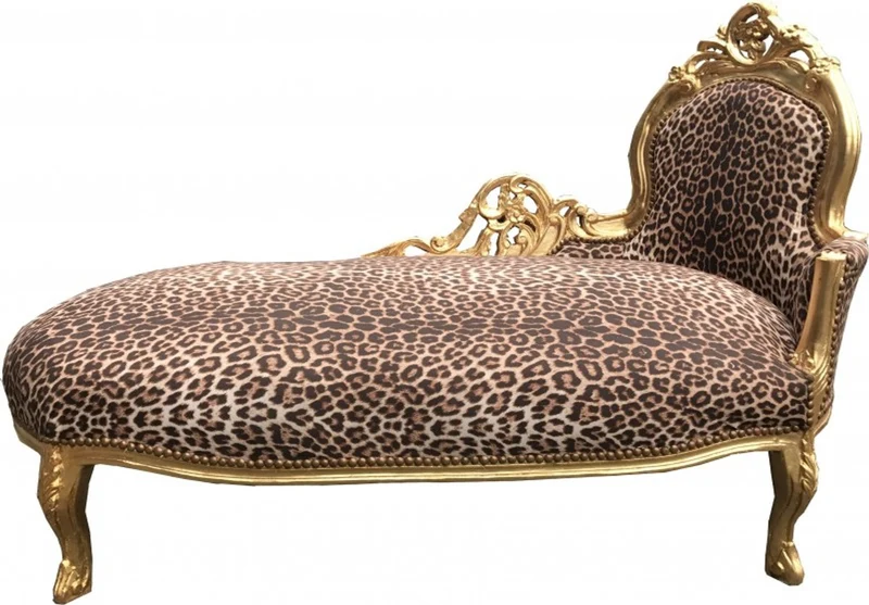 Casa Padrino Barock Chaiselongue King Leopard / Gold - Luxuriöse Recamiere aus Massivholz, 155 x 70 x 100 cm