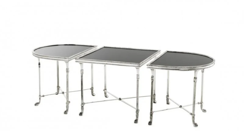 Casa Padrino Luxus Art Deco Designer Beistelltisch 3er Set - Antik Silber / Schwarzes Glas - 136 x 55 x H. 43 cm
