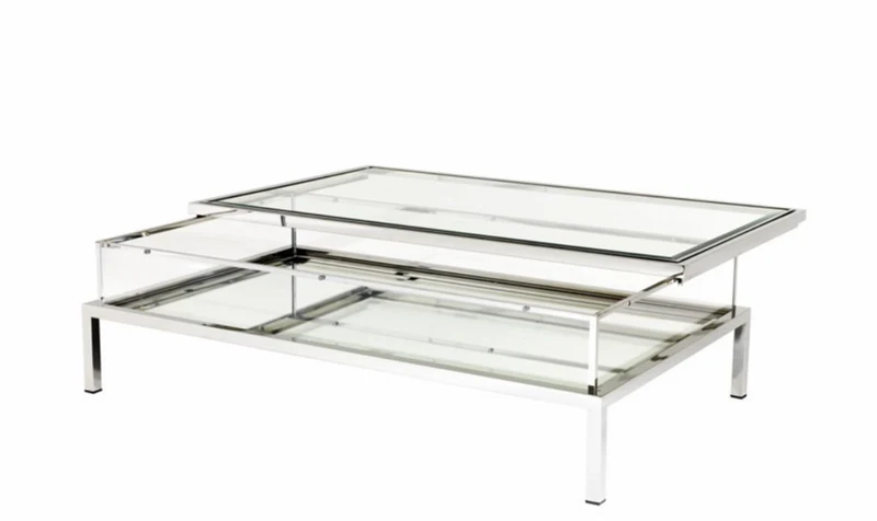 Casa Padrino Luxus Art Deco Designer Couchtisch - 140 x 85 x H. 41 cm - Wohnzimmertisch aus poliertem Edelstahl und Glas