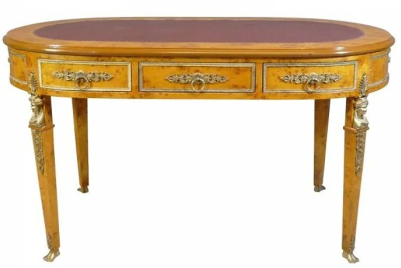 Casa Padrino Luxus Barock Empire Schreibtisch Sekretär mit 3 Schubladen - Vogelaugen Ahorn & Bordeaux Lederoptik - 150 x 77 x 81 cm