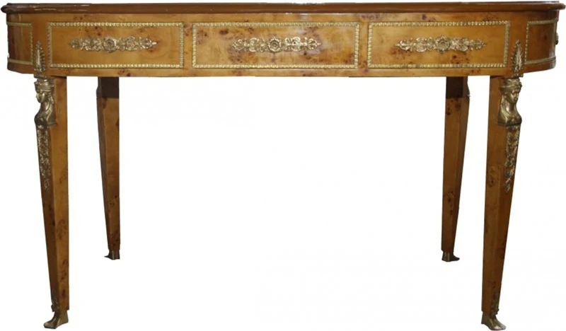 Casa Padrino Luxus Barock Empire Schreibtisch Sekretär mit 3 Schubladen - Vogelaugen Ahorn & Bordeaux Lederoptik - 150 x 77 x 81 cm