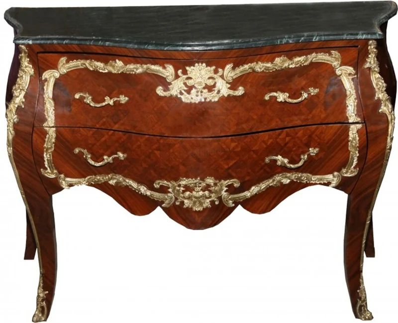 Casa Padrino Barock Kommode Braun mit Marmorplatte Mahagoni Intarsien B 129 cm - Barock Möbel Kommode